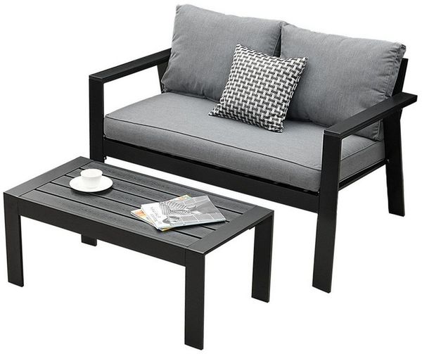 MeXo Gartenlounge-Set Gartenmöbel Set Aluminium Loungeset für Terrasse Balkon, (Balkonset 2 Personen, 2-tlg, 1×2-Sitzer Sofa, 1×Couchtisch, inkl. 3×Auflagen), wetterfest Sitzgruppe Essgruppe Gartengarnitur