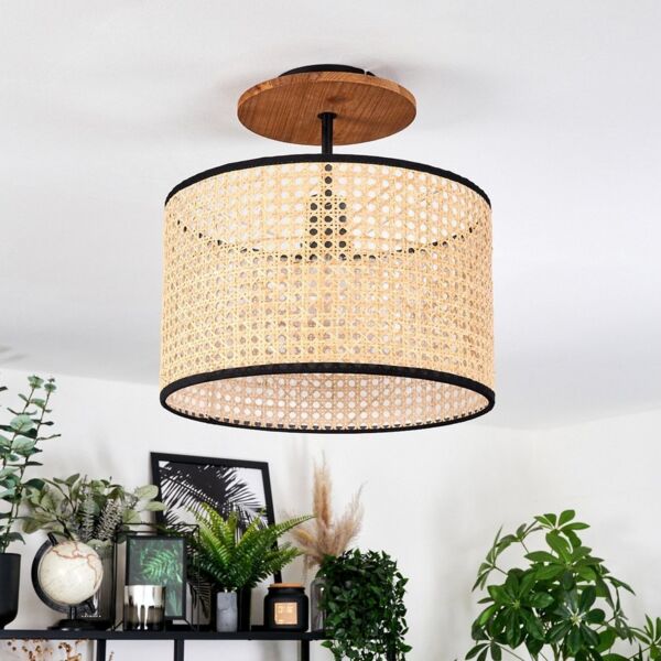 hofstein Deckenleuchte Deckenlampe aus Metall/Holz/Rattan/Wienergeflecht/Stoff, Schwarz/Natur, ohne Leuchtmittel, runde Deckenleuchte im modernen Boho-Design (Schirm Ø 35 cm), E27