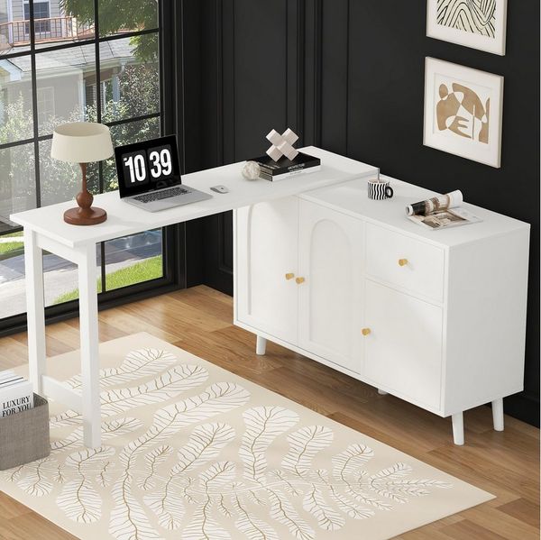 Merax Schreibtisch Multifunktionaler 2-in-1 Schreibtisch & Sideboard (120 x 40 x 74,5 cm, 1-St, Flexibel als Computertisch, Eckschreibtisch, Frisiertisch, Kommode), Eckschreibtisch mit 360° drehbarer Tischplatte, 3 Türen & 1 Schublade