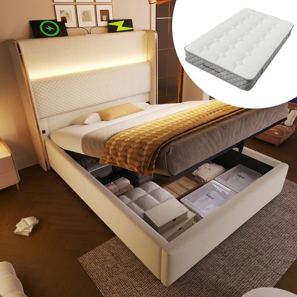 Polsterbett 90x200 cm mit LED-Beleuchtung, Stauraum & USB-Ladestation, hohes Kopfteil,Beige,inklusive Matratze