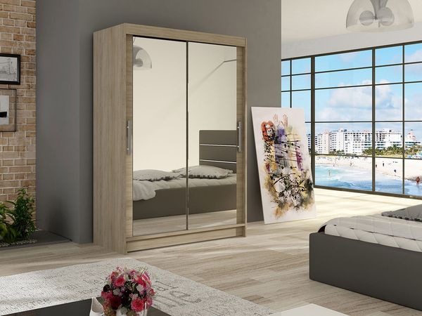Kleiderschrank Miami VII, ohne Beleuchtung, Farbe: Sonoma Eiche / Spiegel