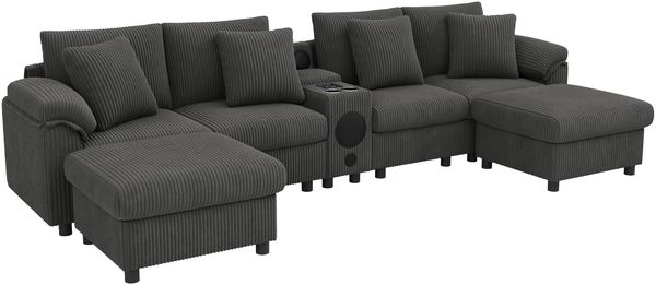 Merax U- und L-förmiges Sofa, mit Bluetooth-Lautsprecher und Konsole, Ecksofa mit Stauraum, kabellosem Laden, USB-Anschlüssen, Getränkehaltern und Kissen, Grau Bild 10