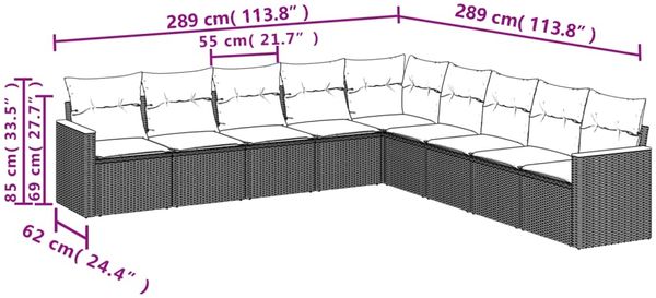 vidaXL 9-teiliges Gartensofa-Set mit Kissen, schwarzes Polyrattan 3226057 Bild 7