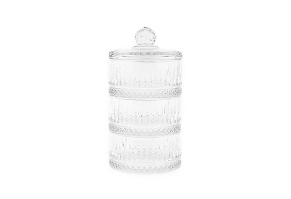Almina 3-stöckige Glasschale mit Deckel Transparent Riffle Design