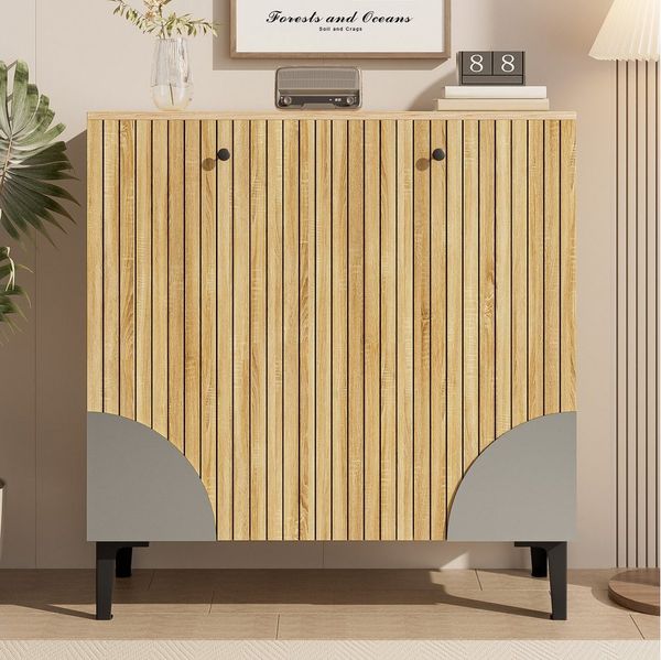 Yorbay Schuhschrank mit Türen,Aufbewahrungsschrank aus Holz für Wohnzimmer, Esszimmer 90x32x94 cm in Holzoptik mit drei Türen
