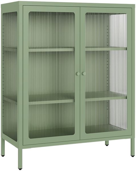 skølm 'Norns' Kommode, Metall mit Glas-Front, mintgrün, 100x38x80 cm, Metallschrank mit geriffelten Glastüren, Vitrinenschrank mit 3 Fächern