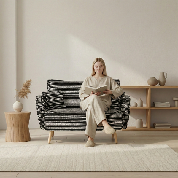 LVHOM 2-Sitzer Sofa mit Seitentaschen, Polstersofa aus Bouclé-Stoff, Loveseat 120cm mit Zierkissen, für kleinere Räume, Büro, Schlafzimmer, Schwarz