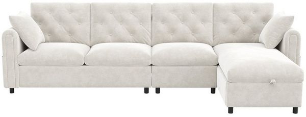 REDOM Sofa L-förmiges Samtsofa, mit Stauraum & Schlaffunktion, verstellbare Armlehnen mit Magazintaschen, graues/beiges 1 Teile