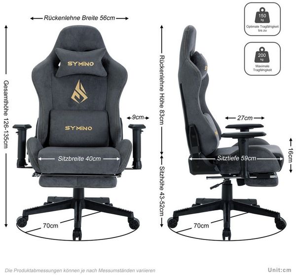 symino Gaming-Stuhl Drehstuhl, verstellbare Armlehnen und Rückenlehne, Memory Foam Kissen mit Fußstütze, Grau
