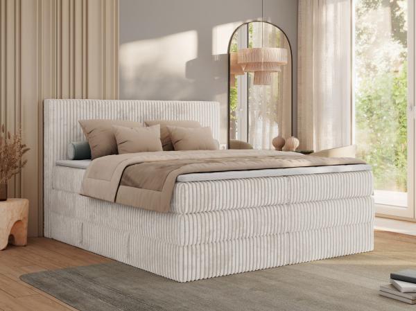 Boxspringbett, Doppelbett mit zwei Bettkästen und Multipocket-Matratze, Cord Bett - TILIANO KING - 200 x 200 cm - Beige Cord - H3