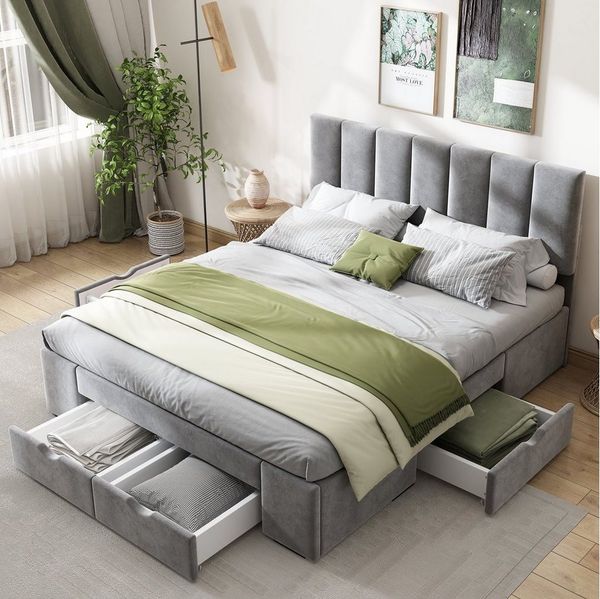 Flieks Polsterbett, Doppelbett Holzbett mit 4 Schubladen Samt 140x200cm