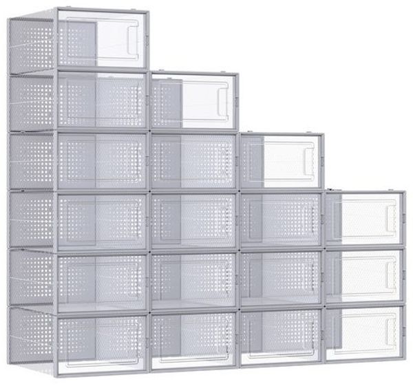 SONGMICS Schuhboxen, 18er Set, Schuh-Organizer aus Kunststoff, faltbar und stapelbar, für Schuhe bis Größe 44, transparent-grau LSPDE006G18