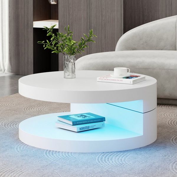 HAUSS SPOLE Couchtisch Obere Tischplatte 360° frei drehbar, mit LED-Lichtleiste, Weiß (Satztisch, 1-St, Doppelschichtiger Sofatisch), Obere Tischplatte 360° frei drehbar