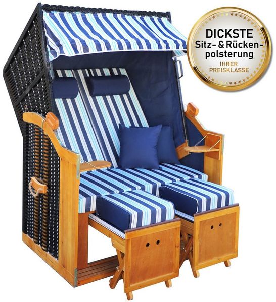 BRAST Strandkorb für 2 Personen, 120cm breit, 5 Designs, BxTxH: 120x79x150 cm, Volllieger, Rügen Deluxe, (verstellbare Rückenlehne weiches Fußkissen), inkl. wetterfeste Abdeckhaube
