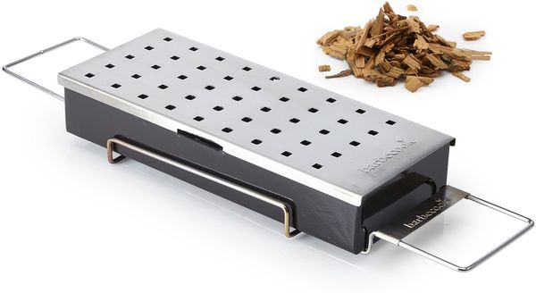 Räucherbox Edelstahl für Räucher-Chips verleiht Fleisch Fisch Rauch-Auroma Universal geeignet Holzkohlegrill Gas-Grill, Schwarz Silber