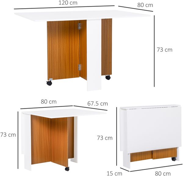 Klapptisch Esstisch 120 x 80 x 73 cm, platzsparend mit Rollen, Holzwerkstoff in Weiß/Eiche Bild 3