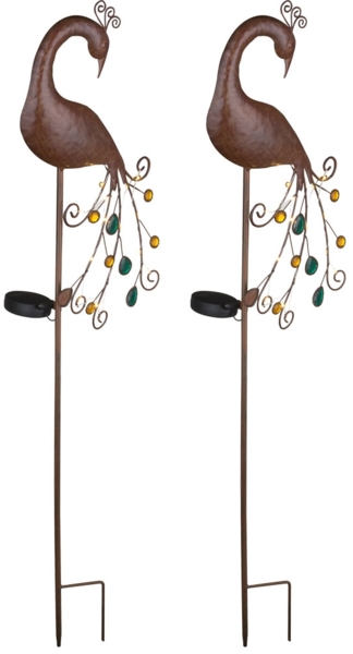 2x LED Solar Stecklampen, Pfau bronzefarben, bunt H 90 cm