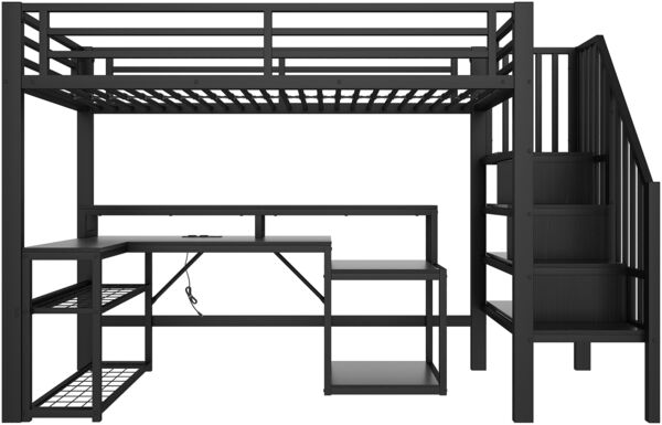 Merax Hochbett, 90 x 200 cm, Einzelbett, Kinderbett, Treppenkonstruktionen mit Stauraum, Sicherheitsgeländer, mit LED-Lichtleiste, Schreibtisch, mit USB-Anschluss, schwarz Bild 8
