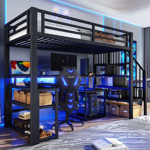Merax Hochbett, 90 x 200 cm, Einzelbett, Kinderbett, Treppenkonstruktionen mit Stauraum, Sicherheitsgeländer, mit LED-Lichtleiste, Schreibtisch, mit USB-Anschluss, schwarz
