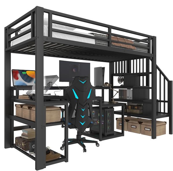 Merax Hochbett, 90 x 200 cm, Einzelbett, Kinderbett, Treppenkonstruktionen mit Stauraum, Sicherheitsgeländer, mit LED-Lichtleiste, Schreibtisch, mit USB-Anschluss, schwarz Bild 10