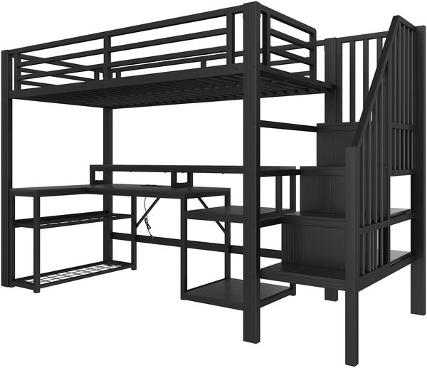 Merax Hochbett, 90 x 200 cm, Einzelbett, Kinderbett, Treppenkonstruktionen mit Stauraum, Sicherheitsgeländer, mit LED-Lichtleiste, Schreibtisch, mit USB-Anschluss, schwarz Bild 9