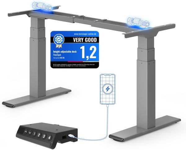 FLEXISPOT Höhenverstellbarer Schreibtisch Elektrisch Tischgestell mit 2 starken Motoren, Super Belastung 160KG, 40 mm/s Verstellgeschwindigkeit, Memory-Steuerung & LED Höhenanzeige (E6 Upgrade Grau)