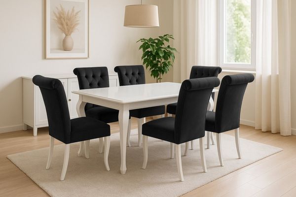Deine Möbel 24 Essgruppe LUISE Tischgruppe Glamour Tisch mit 4 / 6 Stühlen Esszimmer, (Graphit Anthrazit Dunkelgrau Grau Beige Schwarz, 7-tlg, Wohnzimmer, Esstisch aus Massivholz), in Weiß hochglanz Stühle in Samt Velour 140x80x180 170x90x210