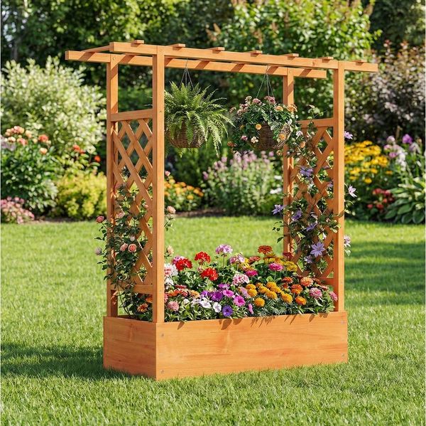 COSTWAY Blumenkasten (1 St), mit Rankgitter, Hochbeet für Kletterpflanzen, Sichtschutz
