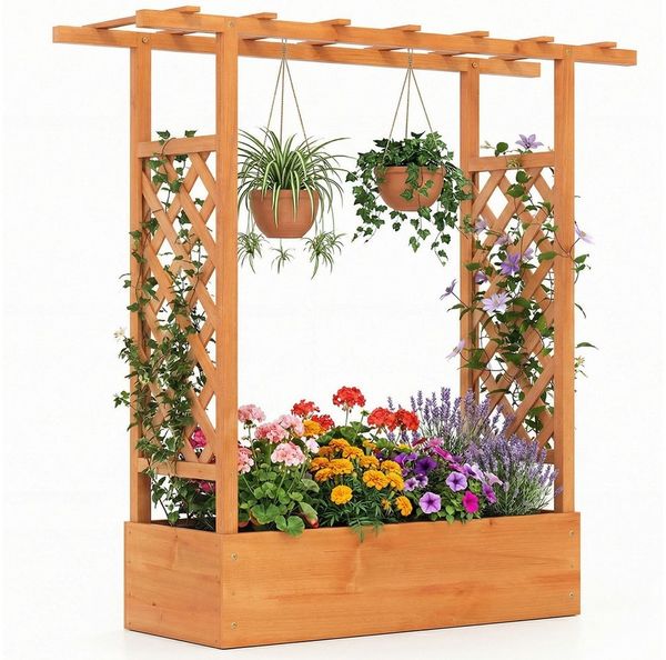 COSTWAY Blumenkasten (1 St), mit Rankgitter, Hochbeet für Kletterpflanzen, Sichtschutz