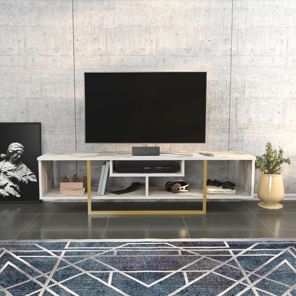 Hanah Home Glamorous TV Stand, Gold & White, 150 x 35.2 x 40 cm | 100% Melamine Coated Particle Board, 18 mm Thick | Stylish & Functional for Modern Living Rooms