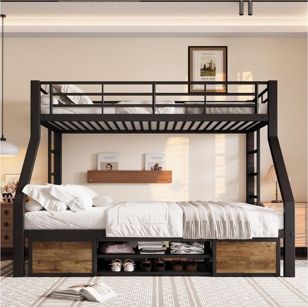 Flieks Etagenbett, Metall Kinderbett 90×200cm+140x200cm mit Schuhschrank und Staufächern