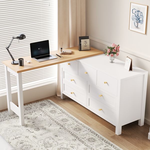 Flieks Schreibtisch mit Kommode, 120×40×70 cm, 360° drehbare Tischplatte mit 7 Schubladen, L-förmiger Bürotisch & Sideboard in Weiß/Eicheoptik