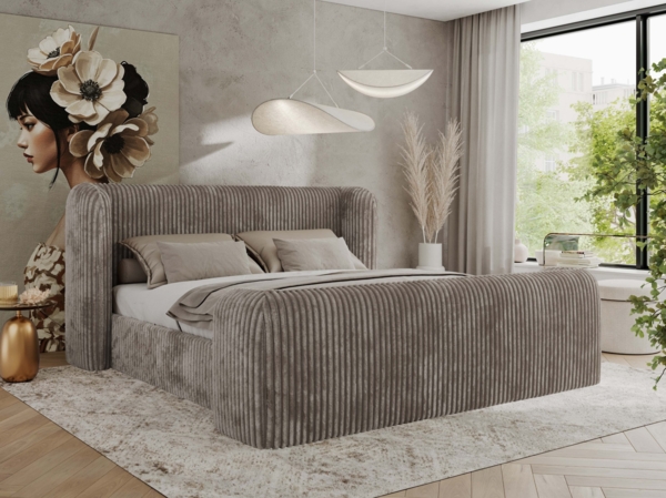 Polsterbett mit Lattenrost, Doppelbett für Schlafzimmer, Gepolstertes Kopfteil, Multipocket matratze, Härtegrad H3/H4 - EMORA CLASSIC DUO - 180 x 200 cm - Hellbraun Cord - ELORI-LUX Bild 1