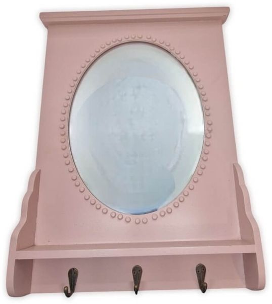 Süßer Wandspiegel aus Holz in rosa mit drei Haken und Ablage. Toller Hingucker