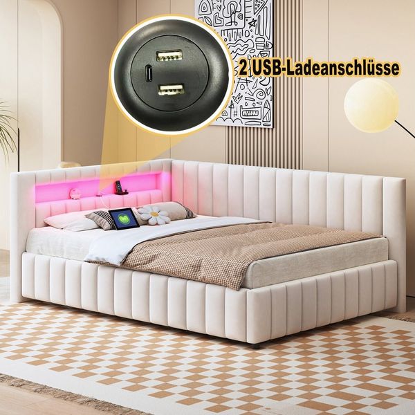 MODFU Polsterbett Daybett Tagesbett Polsterbett Doppelbett Kinderbett Gästebett (mit LED-Licht, USB-Anschluss, Rückenlehne und stabilem Rahmen, für Schlafzimmer & Gästezimmer, 140x200 cm), mit Matratze