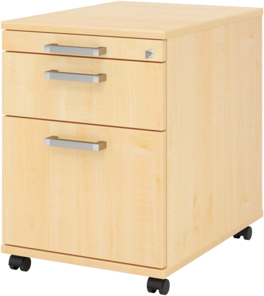 bümö Rollcontainer mit Hängeregistratur, Container abschließbar aus Holz in Ahorn - Rollwagen für's Büro mit Hängeregister als Schreibtisch Unterschrank od. Bürocontainer m. Chromgriffe, AC20-3-3-CE