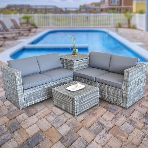 PolyRattan Sitzgruppe mit Auflagenbox Garten Sofa Gartenmöbel Lounge grau XXL