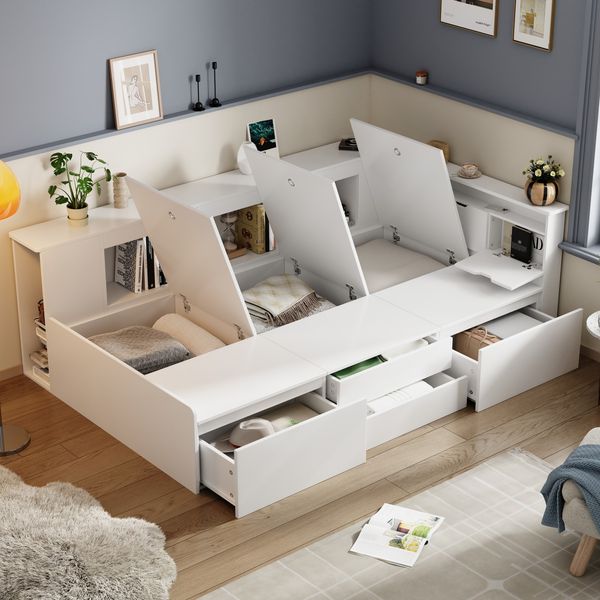 Kinderbett,90*200cm,Einzelbett,Multifunktionales Kinderbett mit Schubladen,Bücherregal und Stauschrank,Bettkasten mit Stauraum,ohne Matratze,weiß