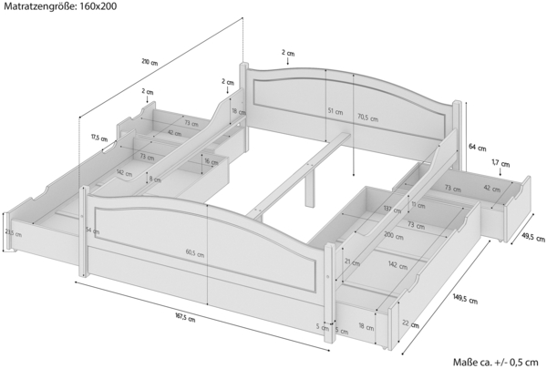 Massivholzbett Landhausstil 160x200 Doppelbett Futonbett Kiefer massiv Zubehör wählbar V-60.33-16Rollrost. Matratzen und Doppelbettkasten inkl. Bild 4