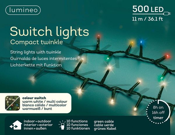 Lumineo LED-Lichterkette Lumineo Lichterkette SWITCH LIGHTS Compact 500 LED 11 m warm weiß/bunt, Indoor, Outdoor, 10 Licht-Funktionen, 8h-Timer