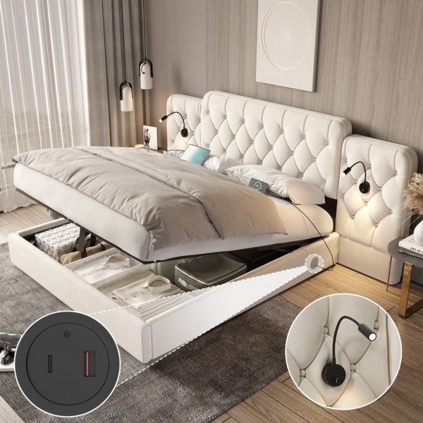 LVHOM Boxspringbett 160x200cm/180x200cm Bettgestell, Samt/PU, diamantgeprägtem Knopf-Design (gepolsterter stabiler Metallrahmenkonstruktion mit flexiblen Nachttischlampe, USB-Ladeanschlüssen, Bettkasten, hydraulischem Stauraum-System, freie Staubschutz...