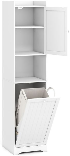 170 cm Badezimmerschrank hoher & schlanker Wäscheturm mit Stauraum verstellbares Regal Wäschesack Weiß