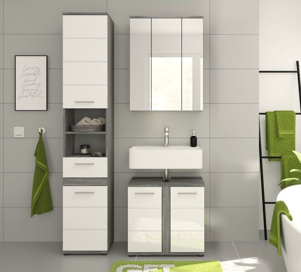 welltime Badmöbel-Set Lucca, 3 teilig, inklusive MDF Hochglanzfront Front,bestehend aus:, (Set, 3-St), Hochschrank, Waschbeckenunterschrank, Spiegel