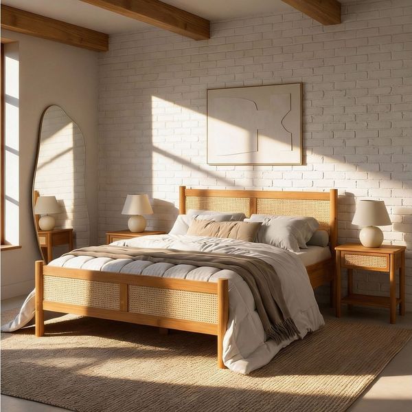 IDIMEX Massivholzbett CEFIRA, Doppelbett 160x200 cm mit Rattangeflecht Eiche Finish