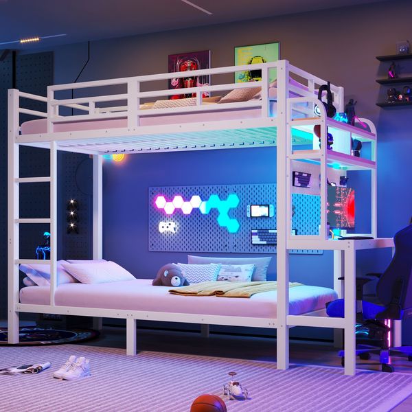 Merax Etagenbett, 90 x 200 cm, Einzelbett, Kinderbett, Eisenrahmen, Ablagefach, Schreibtisch, mit LED-Lichtleiste, USB-Anschluss, Sicherheitsgeländer, Leiter, Weiß