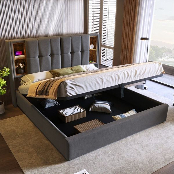 TavilaEcon Boxspringbett Polsterbett, Hydraulisch Stauraumbett mit Kabellosem Laden, mit vier offenen Ablagefächern am Kopfteil