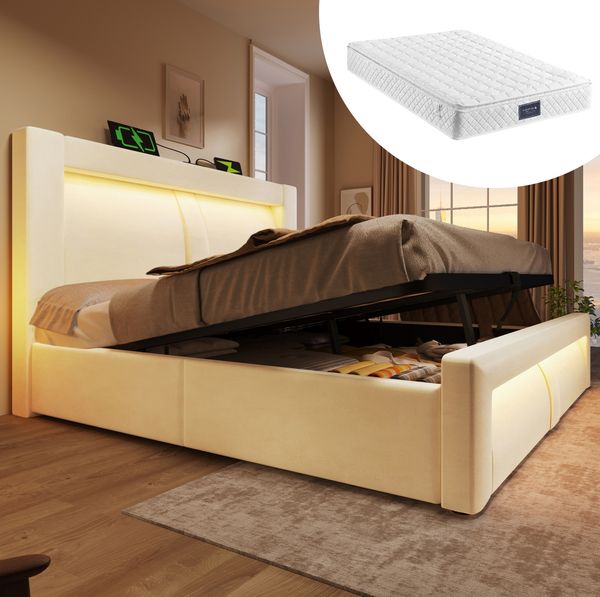 Polsterbett, Samt mit LED, Stauraum & USB-Anschluss, 160x200 cm, Beige, mit Matratze