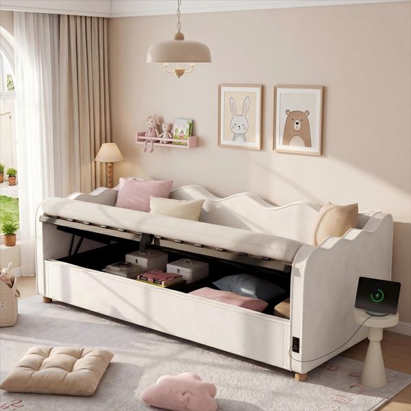 Daybett 90x200 cm mit hydraulischem Stauraum, Polsterbett, Tagesbett, Schlafsofa mit USB & Rückenlehne, samt, beige