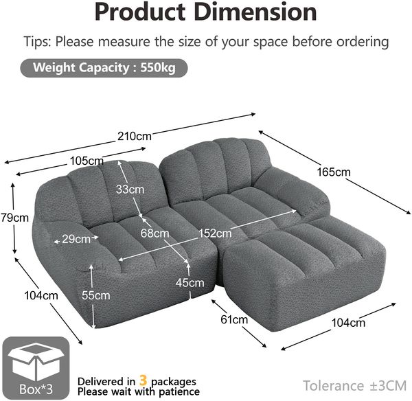 2-Sitzer modulares Ecksofa in Grau H 79 x T 210 x B 165 cm mit Ottoman aus granulierter Fleece Bild 5