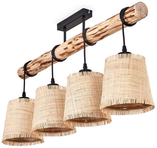 hofstein Deckenleuchte moderne Deckenlampe aus Holz/Metall/Bast in Natur/Schwarz/Beige, ohne Leuchtmittel, Deckenleuchte im skandinavischen Design, 4x E27, ohne Leuchtmittel
